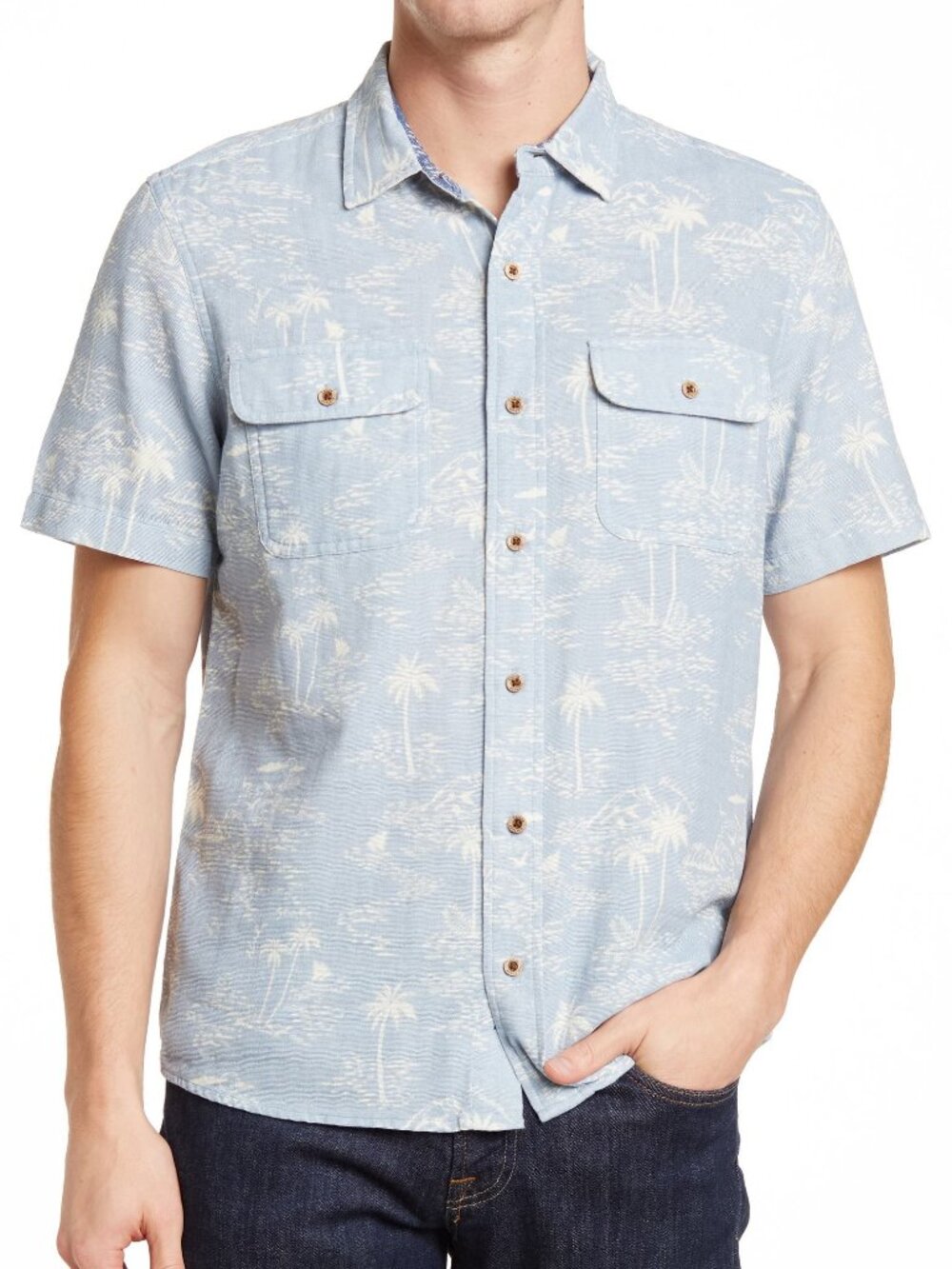 Tailor Vintage Blue Palm Tree Print Short Sleeve Button Up Shirt/1360